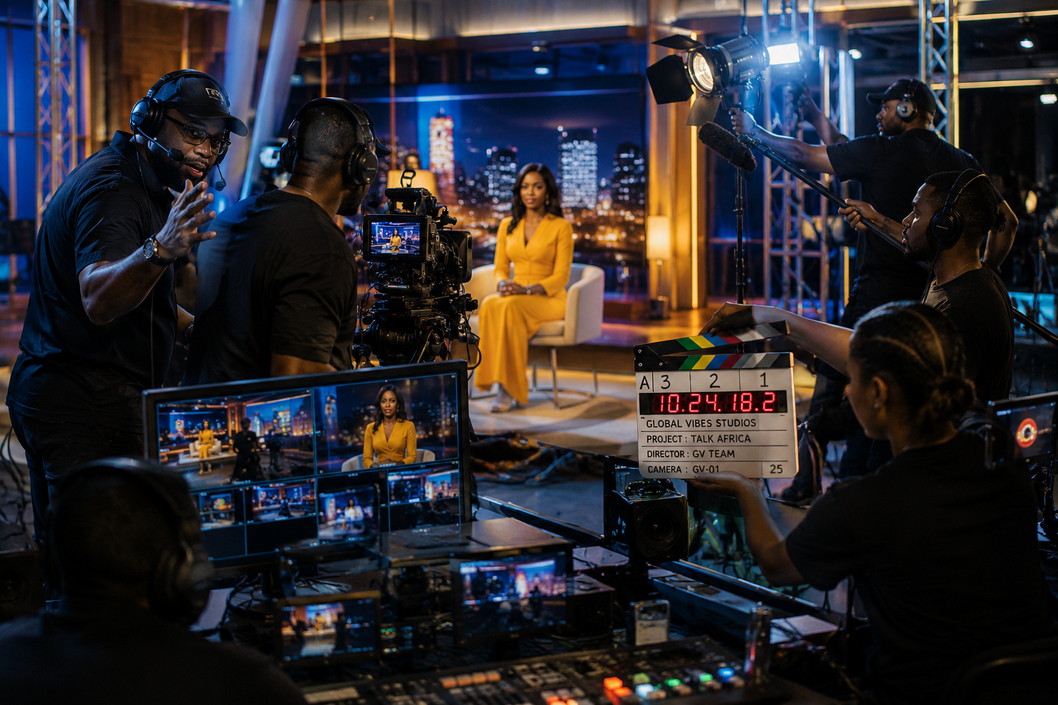 Équipe de production audiovisuelle en plein tournage